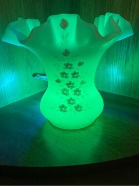 Vintage Fenton Uranium Custard Glass Ruffled Vase with Hand-Painted Flowers